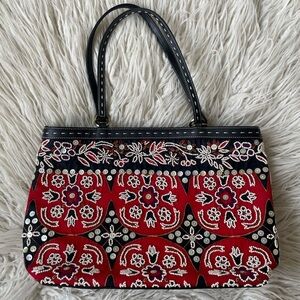 Isabella Fiore Beaded Sequined Paisley Cloth Leather Trim Black Red Shoulder Bag